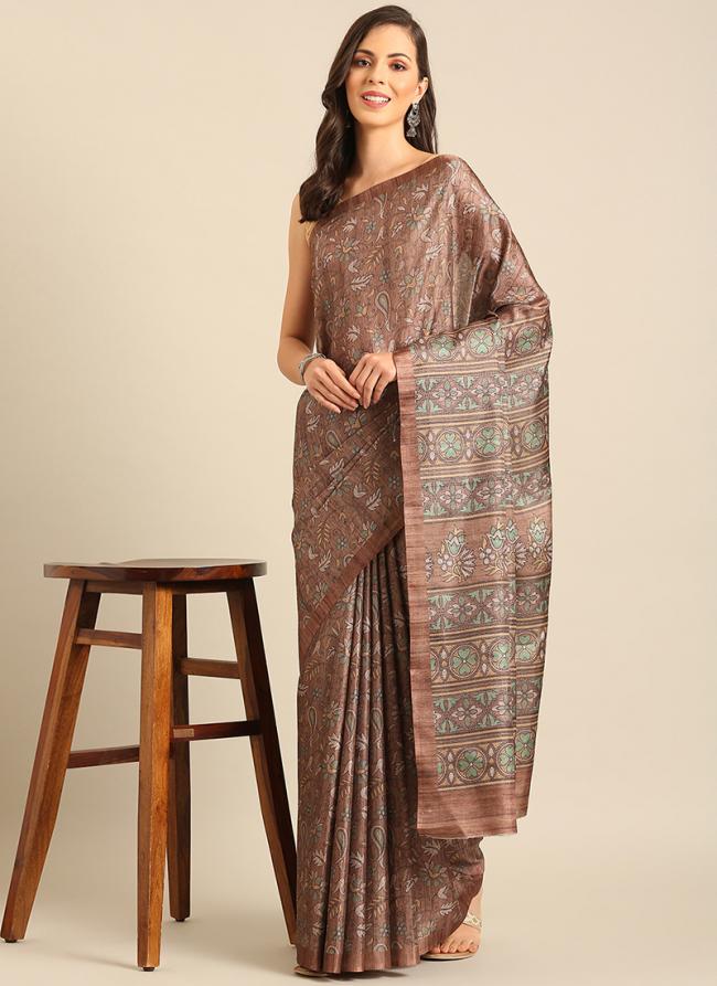 Cotton Brown Casual Wear Printed Saree